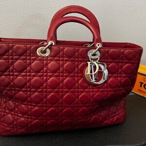 Christian Dior Lady Dior Large Cannage Tote in Deep Red Lambskin – Authentic, Li